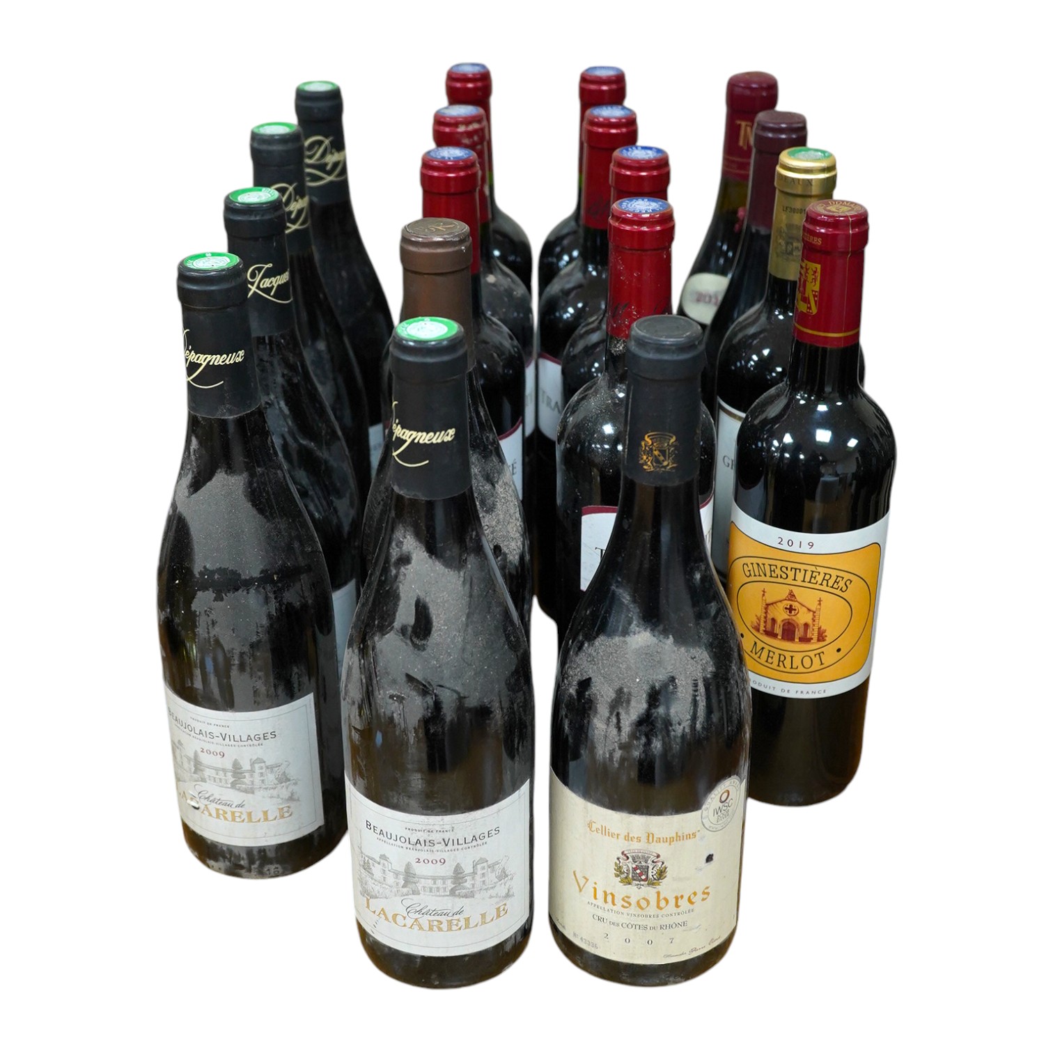 Eighteen bottles of French red wine to include Blason du Rhone Chateauneuf du Pape 2011, Chateau de Lacarelle 2009 and Gevrey Chambertin 2011. Condition - fair, storage history unknown